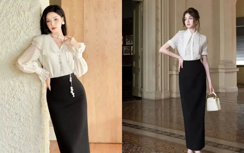 Nếu bạn có một chiếc áo kiểu hãy tận dụng nó và phối cùng chân váy midi vậy là có ngay outfit dự tiệc sang trọng