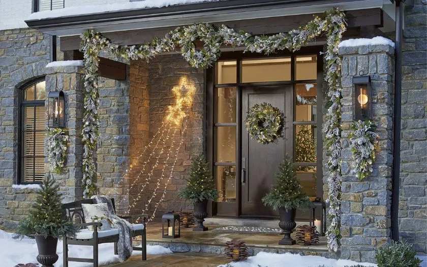 Cặp cây trang trí đối xứng sẽ khiến gian cửa chính thêm nổi bật