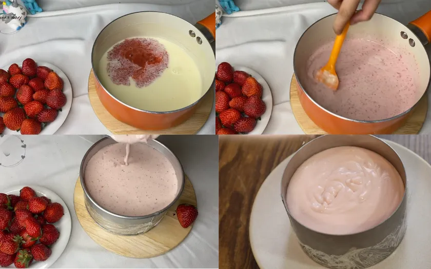 Đổ khuôn và trang trí pudding dâu