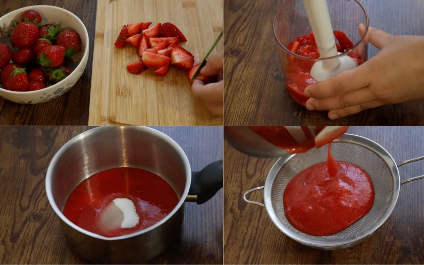 Chuẩn bị phần thạch dâu bằng cách xay nhuyễn dâu tây với đường và nước