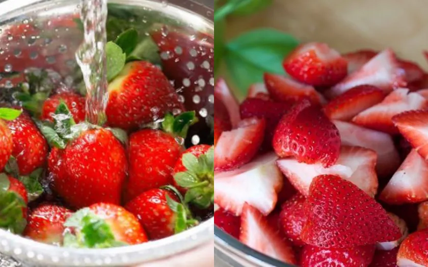 Sơ chế dâu tây và cắt nhỏ