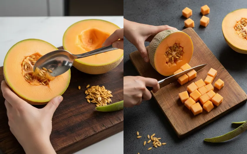 Gọt sạch vỏ dưa rồi cắt nhỉ thành những miếng vuông
