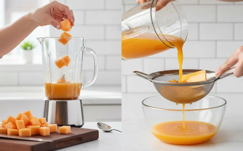 Sau khi xay nhuyễn dưa lưới, dùng rây lọc cho mịn