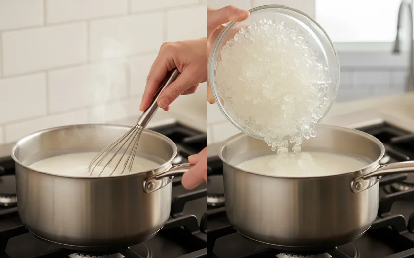 Đun hỗn hợp sữa rồi cho gelatin để làm đông