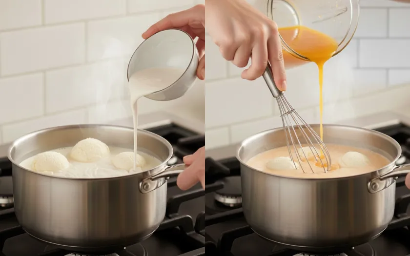 Cho kem vani để tạo vị và đổ phần cốt dưa lưới, khuấy đều tay