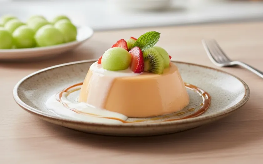 Thành phẩm bánh Pudding dưa lưới từ dưa lưới tươi thơm mát, mềm mịn