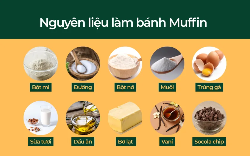 Bột mì đa dụng: 200gĐường cát trắng: 100g Bột nở: 8g Muối: 1/4 muỗng cà phê Trứng gà: 2 quả Sữa tươi không đường: 110ml Dầu ăn: 60ml Bơ lạt tan chảy: 30g Tinh chất vani: 1 muỗng cà phê Socola chip hoặc trái cây khô (tùy thích): 120g