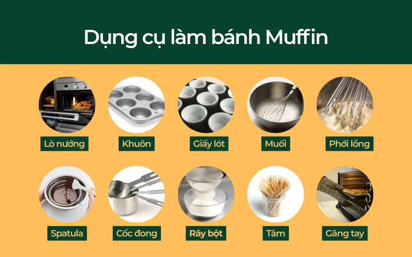 Lò nướng hoặc nồi chiên không dầuKhuôn muffin 6-12 lỗ Giấy lót muffin Âu trộn bột Phới lồng hoặc máy đánh trứng cầm tay Spatula Cốc đong, muỗng đong Rây bột Găng tay cách nhiệt