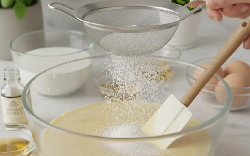 Rây từ từ hỗn hợp bột khô vào bột ướt và trộn đến khi hòa quyện