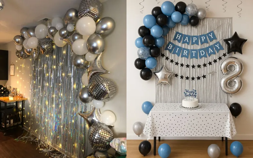 Backdrop tiệc sinh nhật ấn tượng với dải bóng bay uốn lượn và phụ kiện điểm xuyết (Nguồn: Internet)