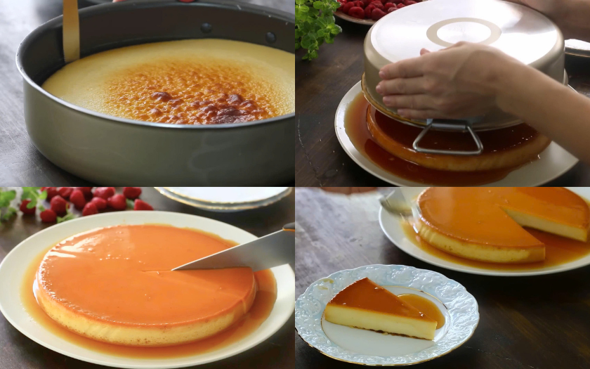 Bánh Cheesecake flan hoàn thành, mịn màng với lớp caramel bóng