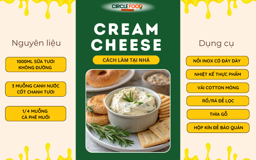 Nguyên liệu và dụng cụ để làm cream cheese 