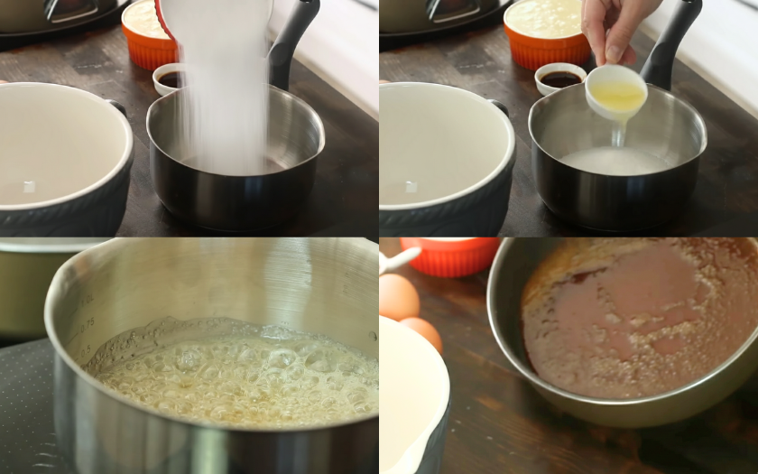 Caramel vàng nâu được rót vào khuôn