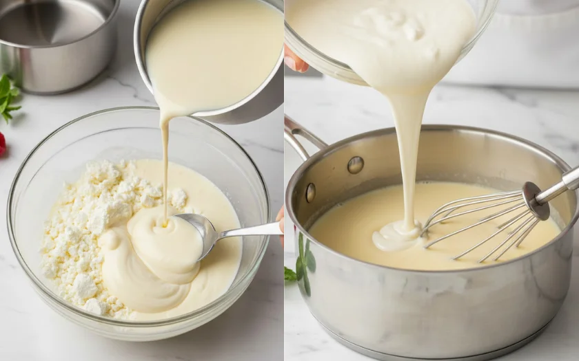 Trộn hỗn hợp phô mai tươi với sữa ấm, khuấy đều tay