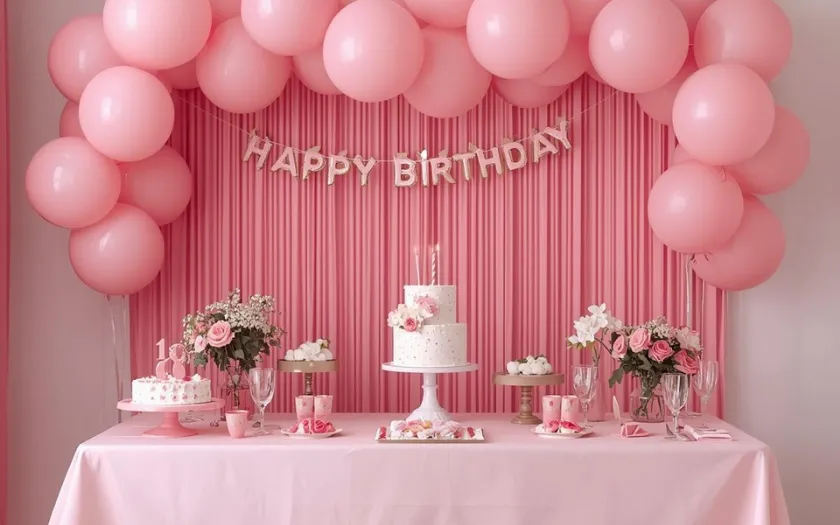 Trang trí bàn tiệc sinh nhật màu hồng đồng bộ, hài hòa với phụ kiện và khăn bàn (nguồn: Canva)