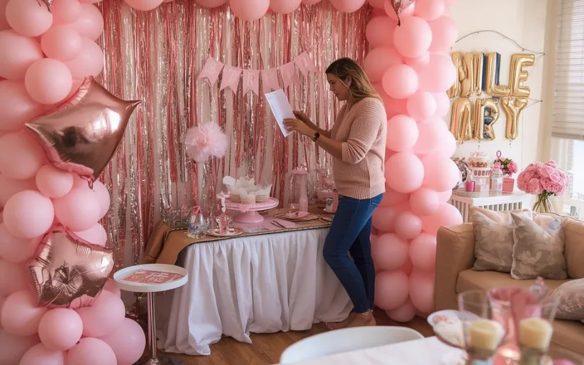 Kiểm tra và hoàn thiện trang trí tiệc sinh nhật màu hồng trước giờ bắt đầu (nguồn: Canva)