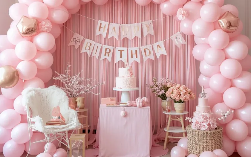 Trang trí tiệc sinh nhật màu hồng phong cách Hàn Quốc với bóng bay và font chữ bo tròn (nguồn: Canva)