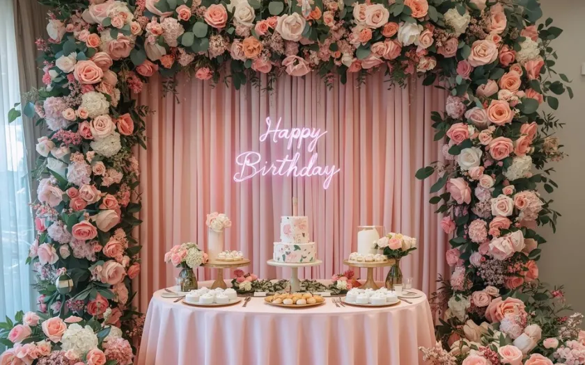 Trang trí tiệc sinh nhật màu hồng theo chủ đề hoa kết hợp hoa tươi và khăn bàn pastel (nguồn: Canva)