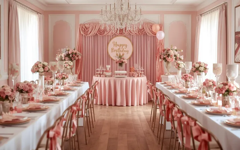 Ý tưởng trang trí tiệc sinh nhật màu hồng đồng nhất với backdrop và bàn tiệc (nguồn: Canva)