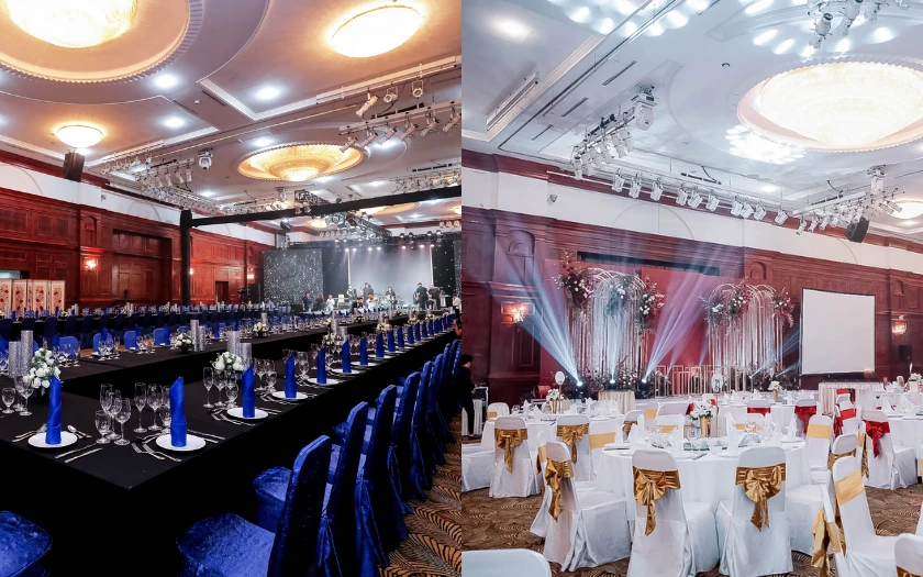 Sảnh tiệc Grand Plaza Hanoi mang phong cách châu Âu sang trọng với không gian rộng lớn, phù hợp tổ chức Year End Party hoành tráng.