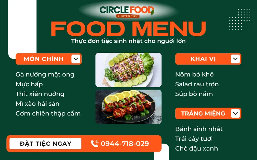 Menu tiệc sinh nhật cho người lớn với các món đậm đà, trình bày đẹp mắt