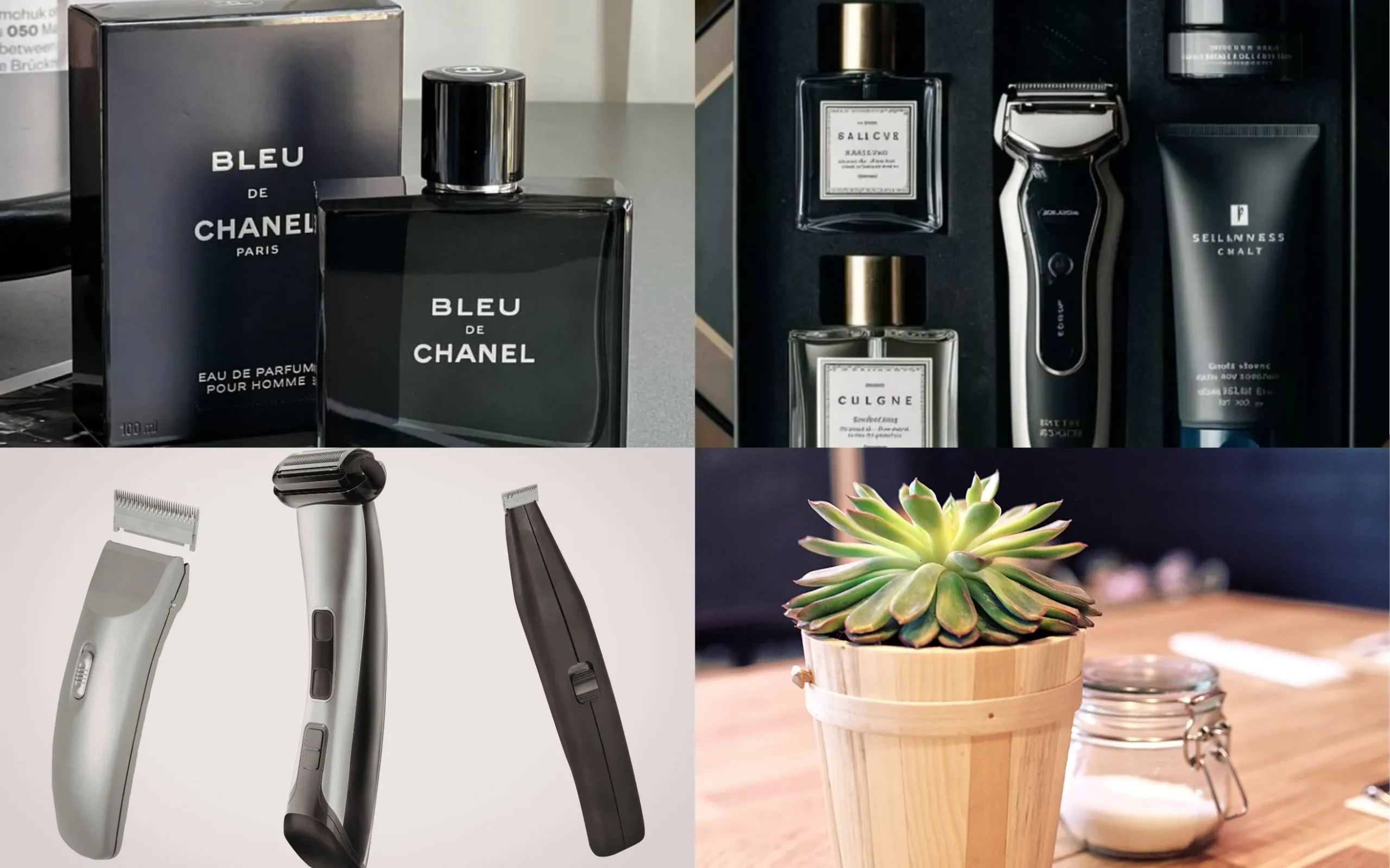 Nước hoa, bộ chăm sóc cá nhân, máy cạo râu và cây để bàn làm quà sinh nhật cho đồng nghiệp nam (Nguồn: Internet)