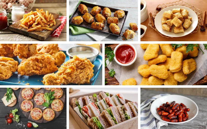Bàn tiệc sinh nhật với các món ăn nhẹ như xúc xích mini, gà chiên và pizza mini cho bé