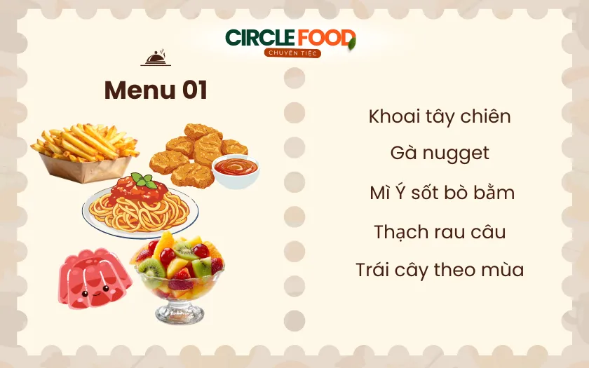 Menu 1: Bàn tiệc sinh nhật đơn giản với khoai tây chiên, gà nugget và mì Ý cho bé tại nhà