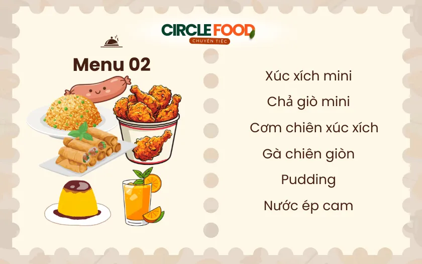 Menu 2: Set tiệc gọn nhẹ tại chung cư với xúc xích mini, cơm chiên và gà chiên giòn