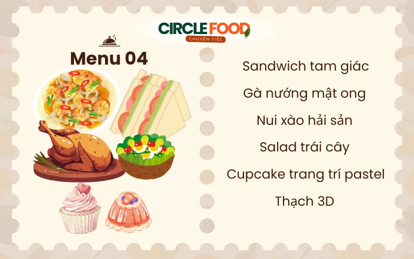Menu 4: Bàn tiệc pastel dễ thương với sandwich, cupcake và thạch 3D cho bé gái