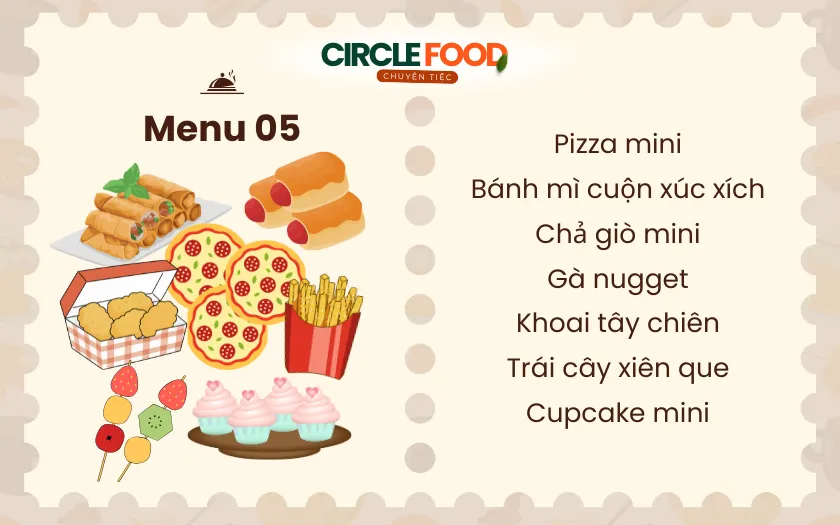 Menu 5: Set finger food sinh nhật với các món ăn nhỏ gọn như pizza mini, nugget và trái cây xiên