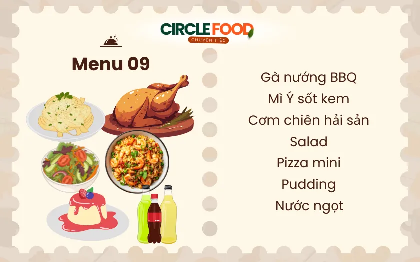 Menu 9: Bàn tiệc đa dạng món gồm BBQ, mì Ý và salad phù hợp cho cả gia đình