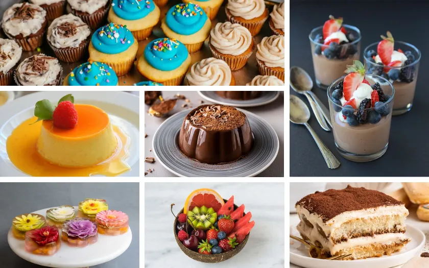 Món tráng miệng- Bàn tiệc tráng miệng đầy màu sắc với cupcake, thạch rau câu và trái cây cắt sẵn cho bé
