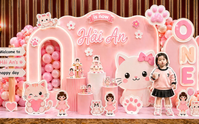 Backdrop với tone màu hồng chủ đạo