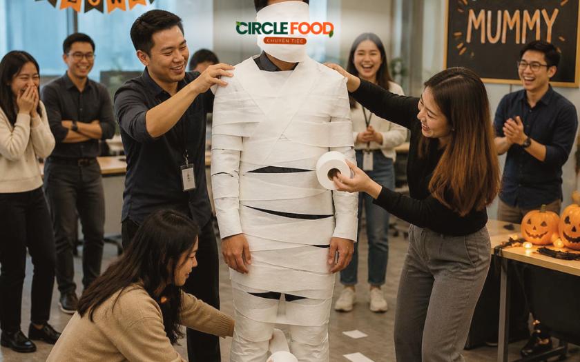 Các đội thi cùng nhau quấn giấy vệ sinh để tạo hình xác ướp Halloween