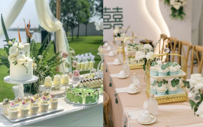 Không gian tổ chức tiệc ngọt đám cưới ngoài trời và trong nhà