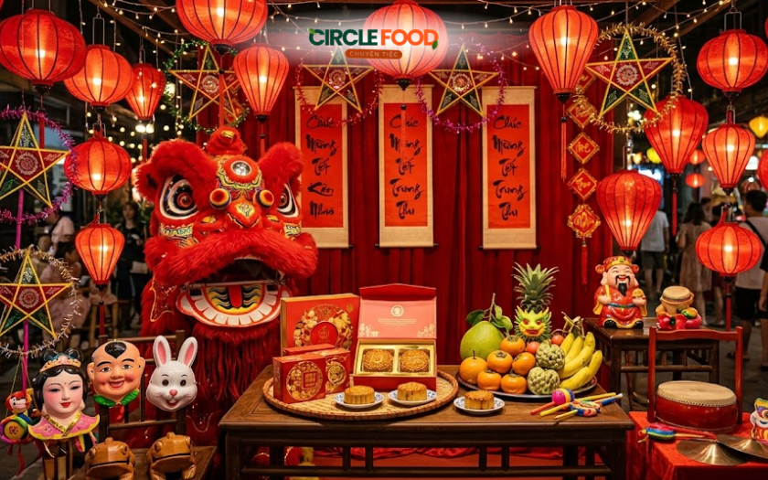 Mẫu chủ đề tết trung thu với tông đỏ rực rỡ