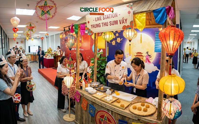 Quầy Live Station Trung Thu phục vụ bánh và đồ uống