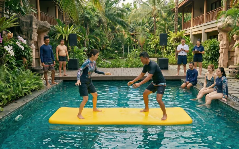 Thi giữ thăng bằng trên phao là trò chơi tập thể được yêu thích tại các buổi Pool Party