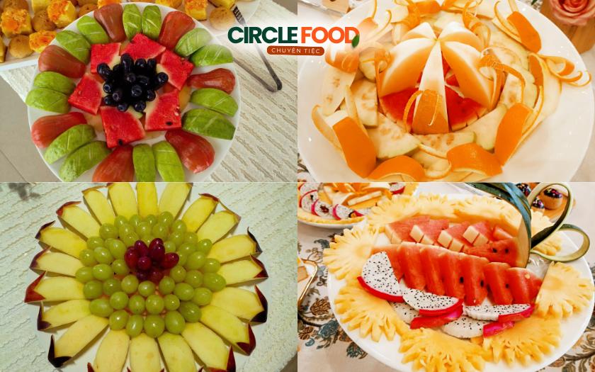 Các đĩa hoa quả tươi mọng, sắc màu được cắt gọt chỉn chu cho tiệc tea break ngoài trời