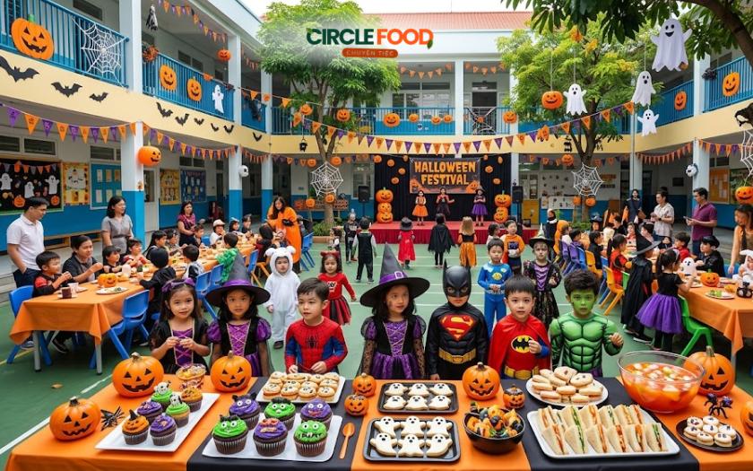Học sinh tham gia tiệc tea break trong ngày hội Halloween