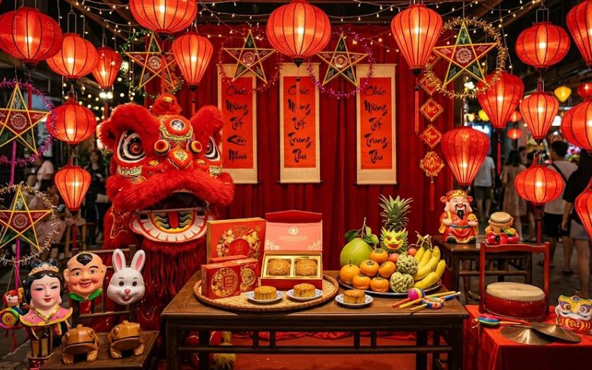 Mâm ngũ quả và bánh Trung Thu trên bàn tiệc tea break