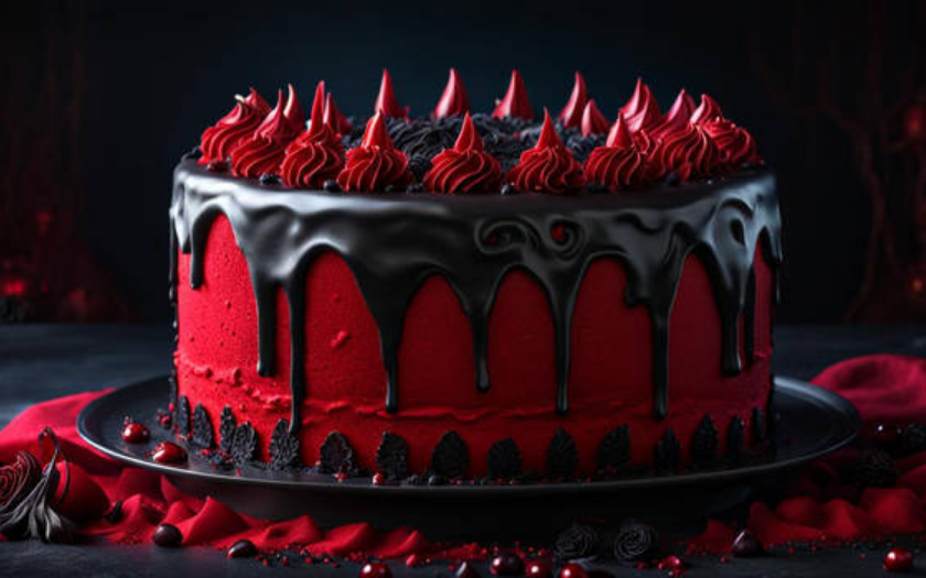 Cheesecake Máu Ma Cà Rồng phủ sốt dâu đỏ là món ăn halloween phong cách Gothic
