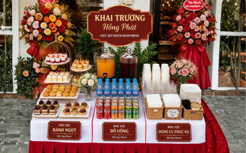 Bánh ngọt, đồ uống và dụng cụ được sắp xếp gọn gàng