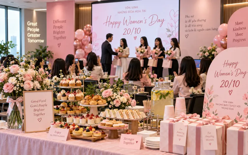 Bàn tiệc Teabreak trong các buổi lễ vinh danh là món quà tuyệt vời dành cho nhân viên nữ
