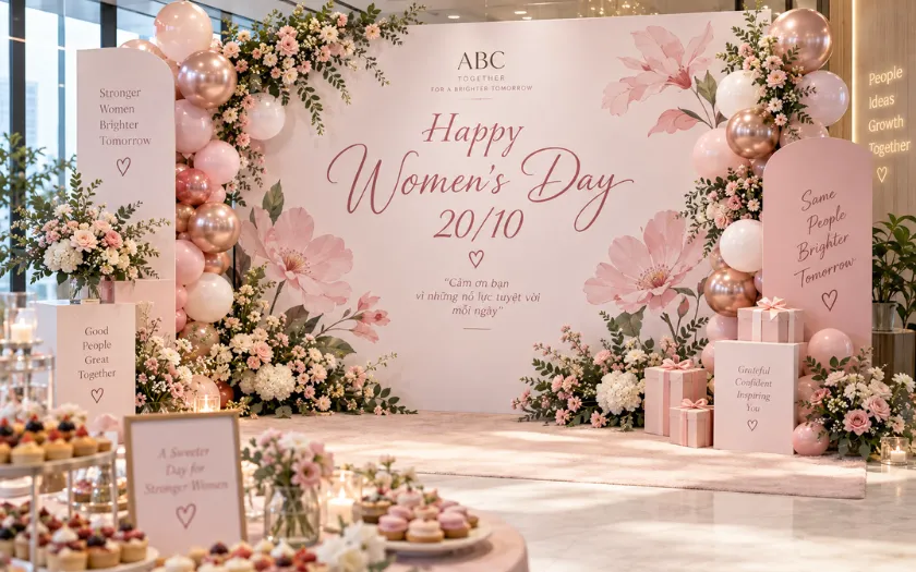 Backdrop là phần trang trí được nhiều doanh nghiệp yêu thích khi tổ chức bữa tiệc