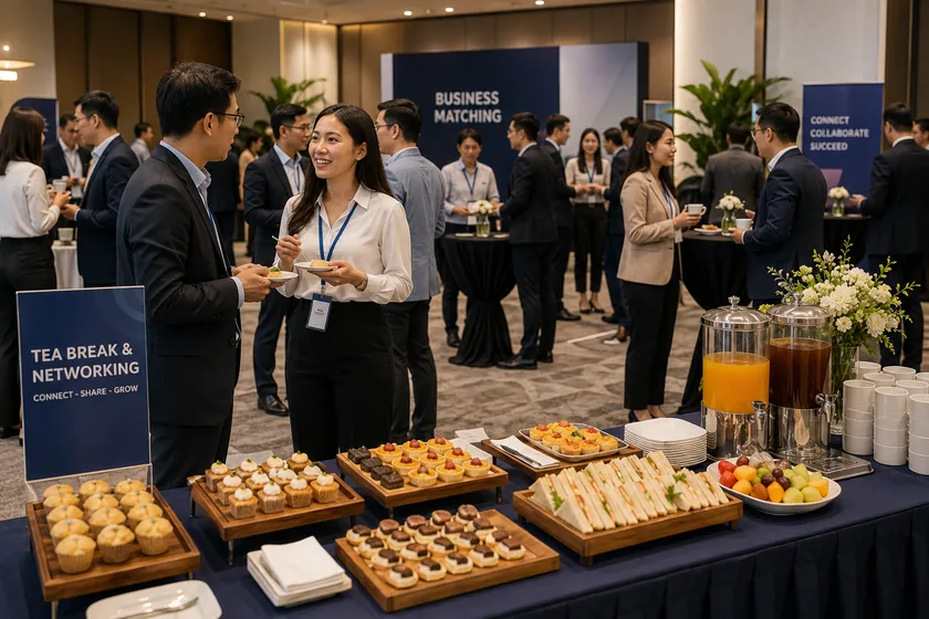 Chỉ khi hình dung được hướng di chuyển của khách khi bước vào, chúng ta mới có thể set up bàn teabreak một cách hợp lý nhất