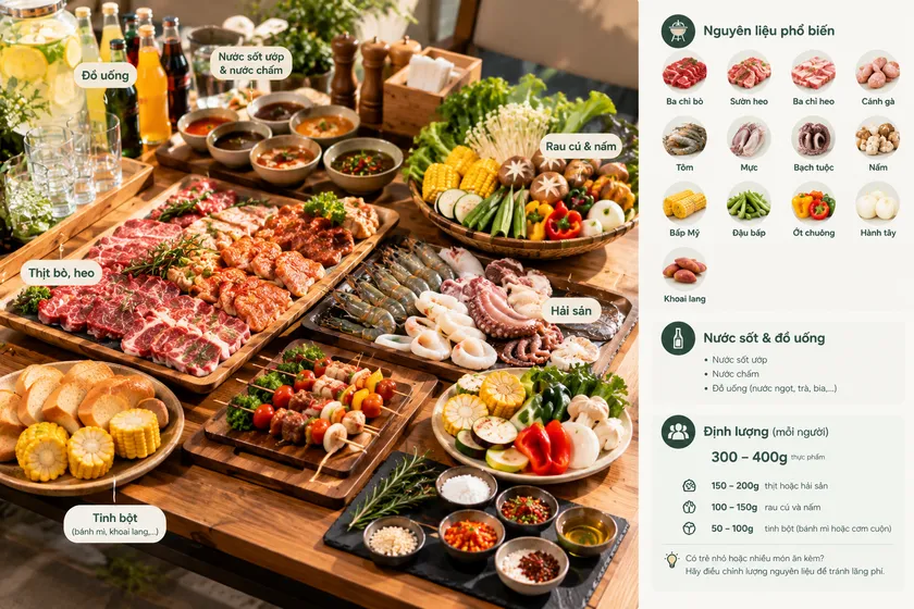 Chuẩn bị các nguyên liệu cho buổi tiệc BBQ ngoài trời