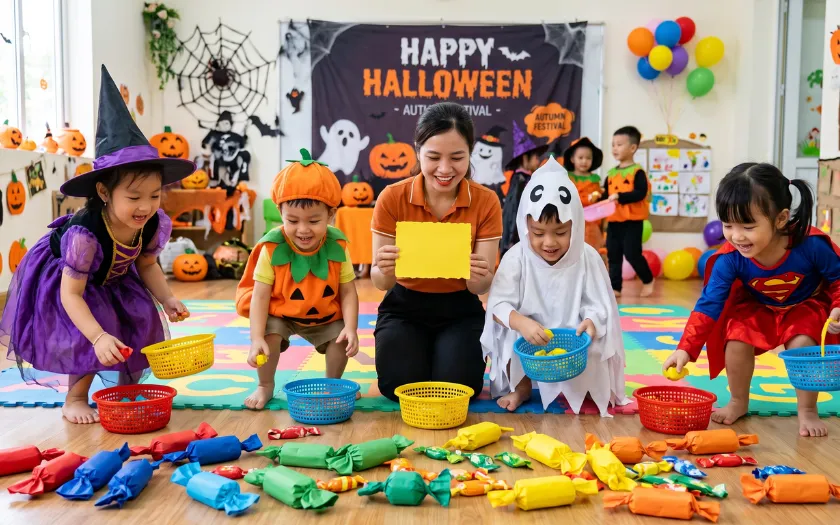 Các em nhỏ thi nhặt kẹo theo màu sắc trong trò chơi dịp Halloween