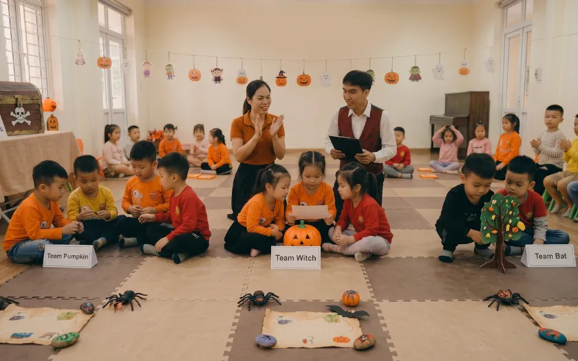 Không khí náo nhiệt của hoạt động săn kho báu trong lễ hội Halloween
